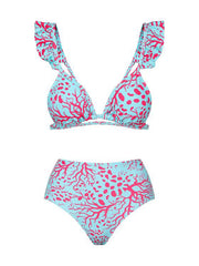 Coral Reef Ruffle Bikini Set with Matching High-Waist Pants