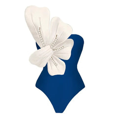 Azure Bloom One-Shoulder Swimsuit with White Floral Detail and Sarong