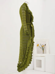 Olive Green Sheer Ruffle Maxi Dress
