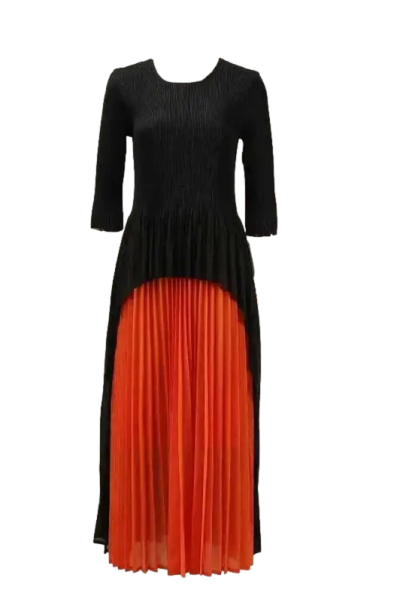 High-Low Pleated Contrast Midi Dress