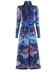 Geometric Mosaic Belted Maxi Dress