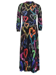 Rainbow Heart Print Pleated Midi Dress