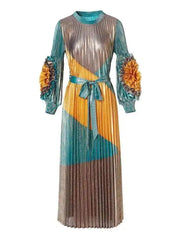 Metallic Colorblock Pleated Midi Dress