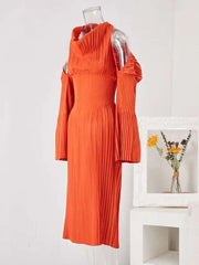 Burnt Orange Cold Shoulder Pleated Midi Dress