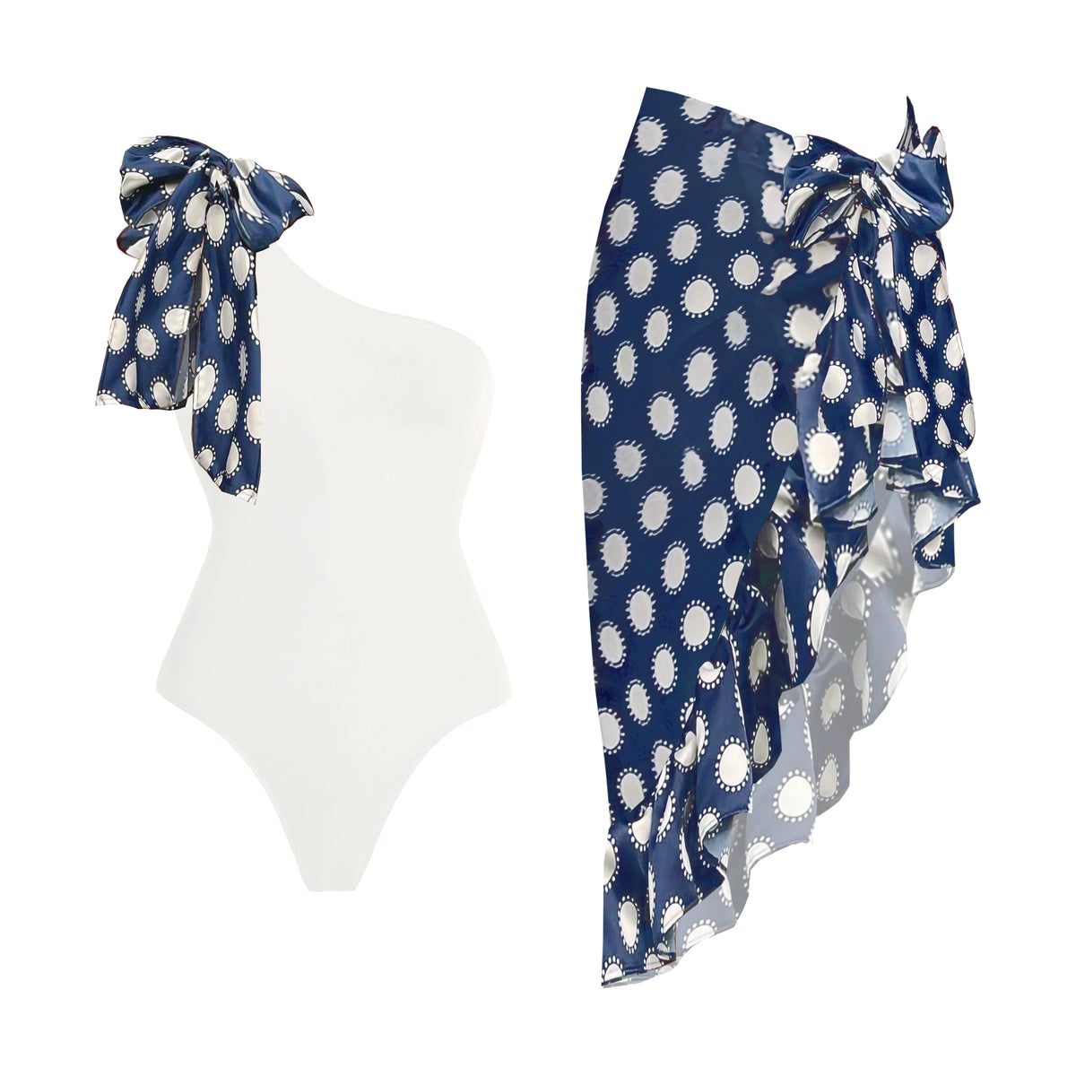 White One-Shoulder Swimsuit with Patterned Sleeve and Sarong