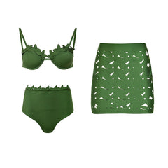 Navy Petal Edge Swimsuit with Geometric Laser-Cut Sarong