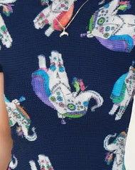 Navy Multicolor Leaf Print Pleated Knit Top
