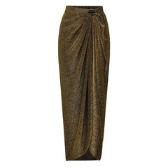 Metallic Colorblock Swimsuit & Ruched Maxi Cover-Up Skirt
