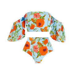 Summer Garden Print Off-the-Shoulder Swimsuit with Flowing Floral Maxi Skirt