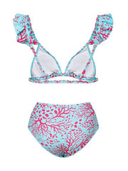 Coral Reef Ruffle Bikini Set with Matching High-Waist Pants