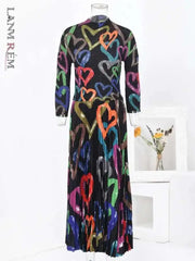 Rainbow Heart Print Pleated Midi Dress