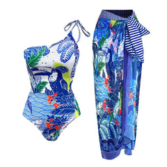 Asymmetrical Tropical Print Swimsuit and Striped Tie Sarong Set