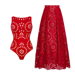Emerald Breeze Laser-Cut Swimsuit & Matching Wrap Skirt Set