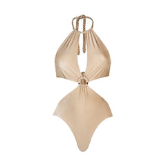 Mocha Twist Halter Cut-Out Swimsuit with Draped Maxi Skirt Set