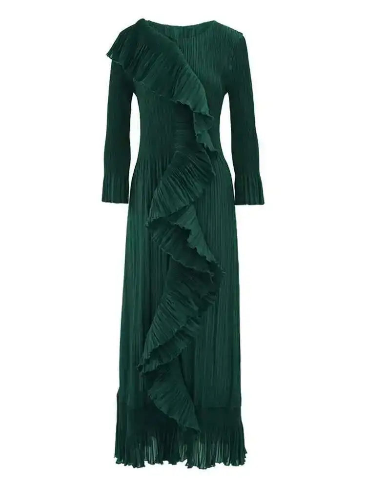 Elegant Forest‑Pleated Ruffle Midi Dress