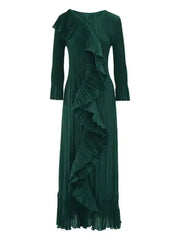 Elegant Forest‑Pleated Ruffle Midi Dress