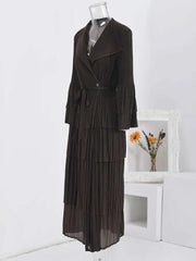 Tiered Black Pleated Wrap Midi Dress