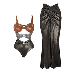 Metallic Colorblock Swimsuit & Ruched Maxi Cover-Up Skirt