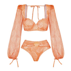Coral Seashell Print Long Sleeve Swimsuit with Matching Harem Sarong