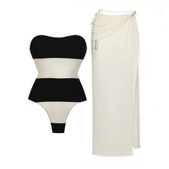 Chic Black & White Strapless One-Piece Swimsuit