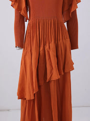 Rust Ruffle Sleeve Asymmetrical Maxi Dress