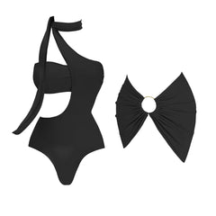 Brown One-Shoulder Cutout Swimsuit with Tie & Ring Cover-Up
