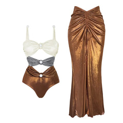 Metallic Colorblock Swimsuit & Ruched Maxi Cover-Up Skirt