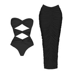 Crisscross Cutout One-Piece Swimsuit with Ruched Maxi Skirt