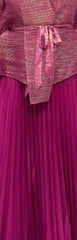 Elegant Green Kimono-Inspired Pleated Skirt Set with Fringe Sleeve Detail