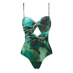 Seafoam Starfish Swimsuit with Flowing Ocean Print Sarong