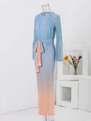 Sky‑To‑Sand Pastel Ombre Pleated Maxi Dress
