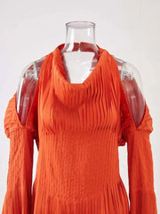 Burnt Orange Cold Shoulder Pleated Midi Dress