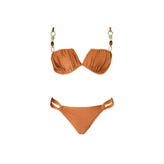Metallic Brown Two-Piece Swimsuit with Unique Chain Straps & Patterned Wrap