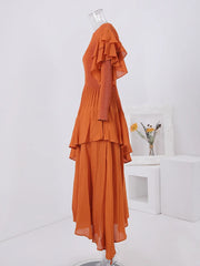 Rust Ruffle Sleeve Asymmetrical Maxi Dress