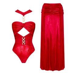 Glamorous Red Cutout Swimsuit with Gold Chain Straps and Sarong Set