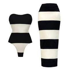 Chic Black & White Strapless One-Piece Swimsuit