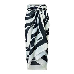 Black One-Shoulder Ruffle Swimsuit with Matching Zebra Stripe Sarong