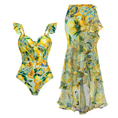 Watercolor Tropical Ruffle Detail Swimsuit