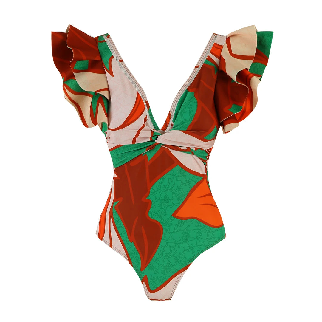 Abstract Floral Ruffle Sleeve Swimsuit with Matching Sarong