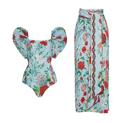 Sky Blue Floral Dream Swimsuit with Puff Sleeves and Matching Sarong