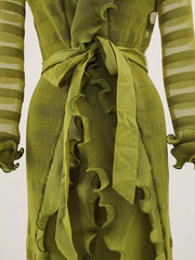 Olive Green Sheer Ruffle Maxi Dress