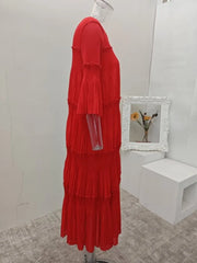 Elegant Pleated Tiered Red Midi Dress