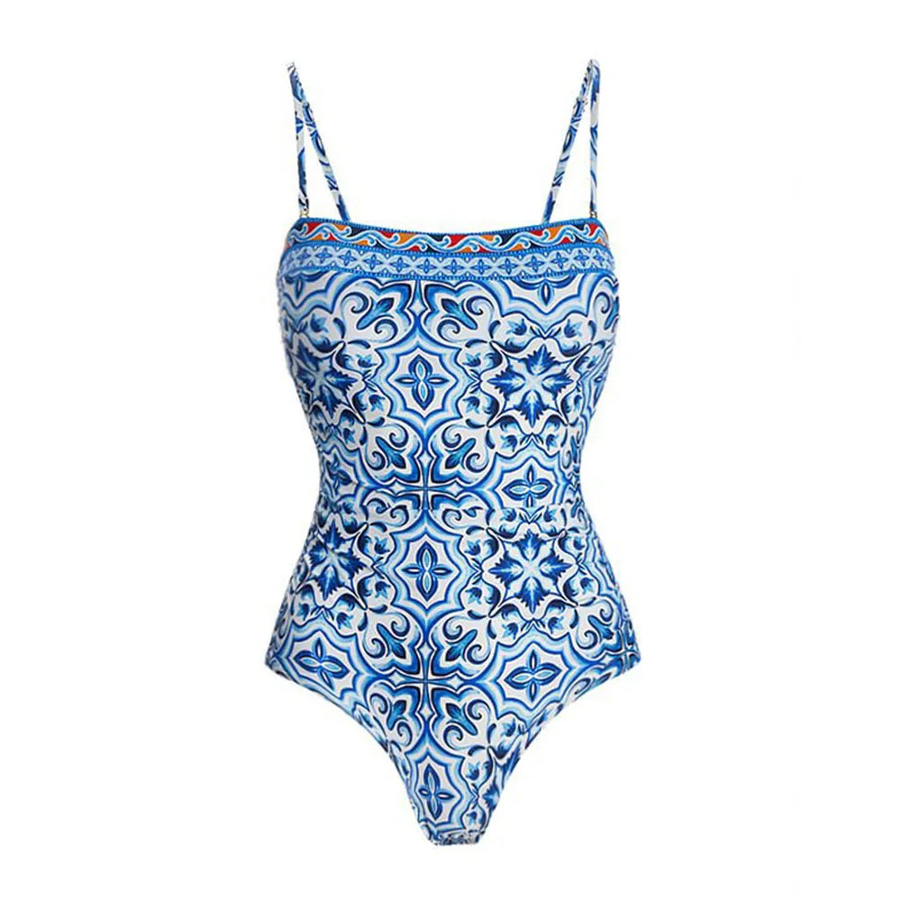 Blue & White Mosaic Print Swimsuit