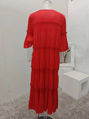 Elegant Pleated Tiered Red Midi Dress