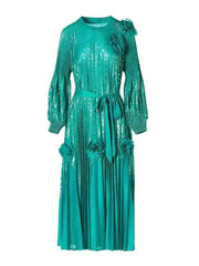 Emerald Metallic Pleated Midi Dress