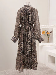 Chic Leopard Print Sheer Button-Down Midi Dress