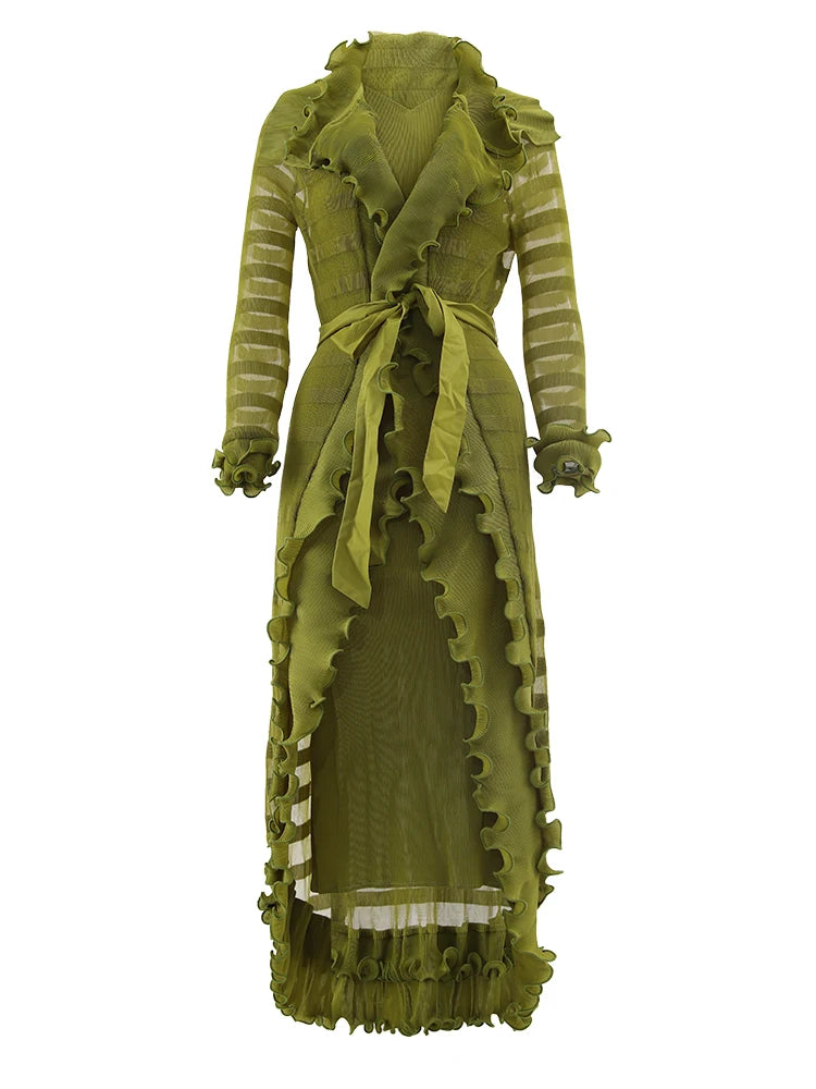Olive Green Sheer Ruffle Maxi Dress