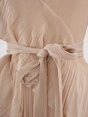 Beige Pleated Wrap Dress