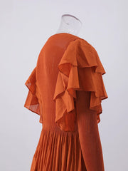 Rust Ruffle Sleeve Asymmetrical Maxi Dress
