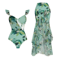 Tropical Garden Ruffle-Shoulder Swimsuit